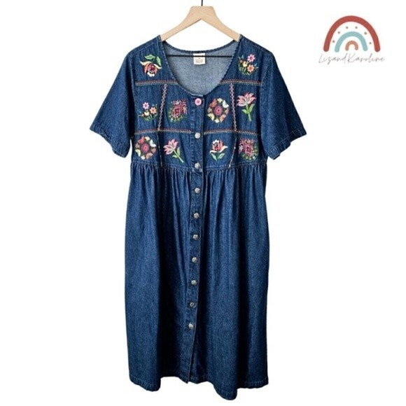 Vintage Bechamel Embroidered Floral Button Down Oversized Denim Midi Dress - Picture 1 of 9